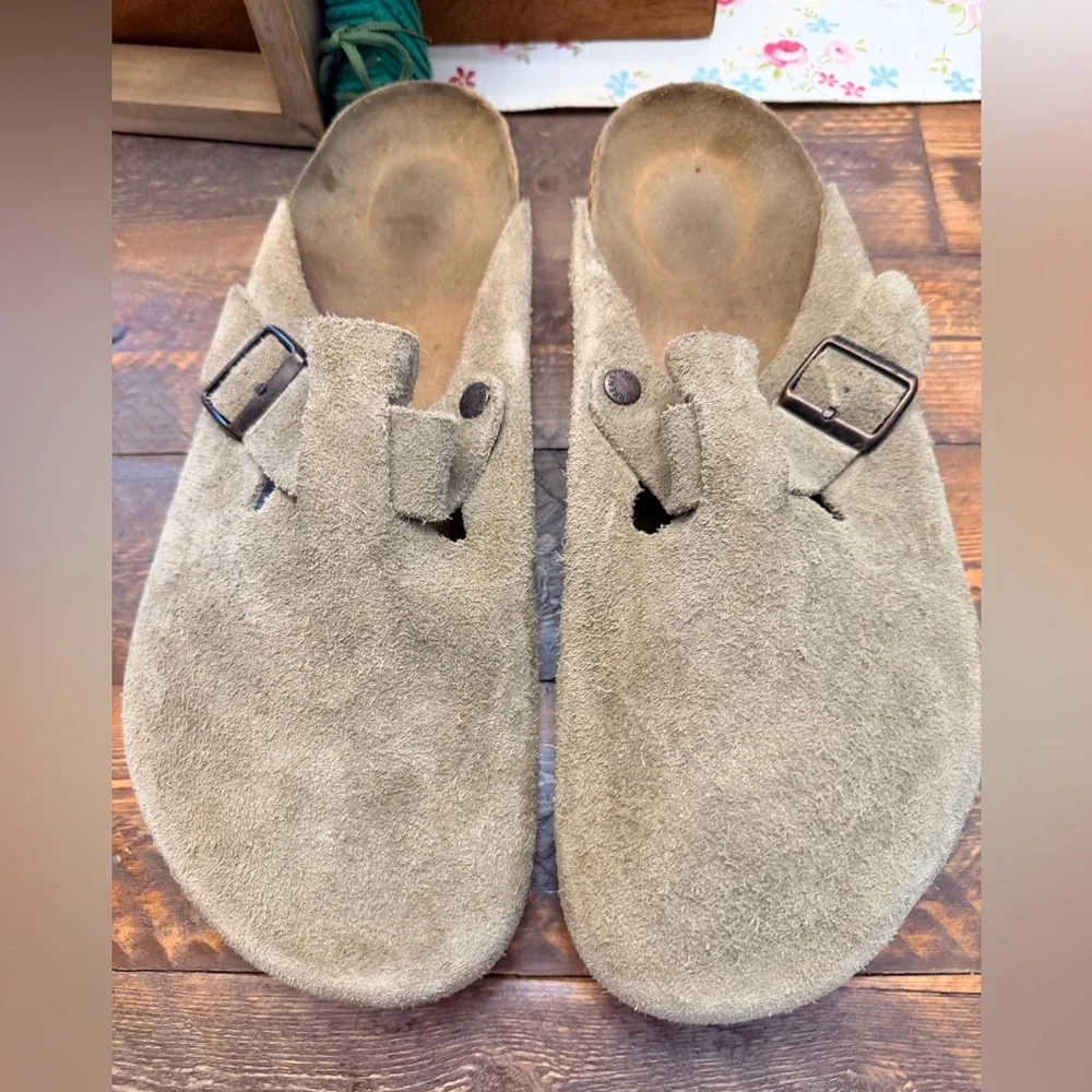 Men’s Birkenstock clogs clog Boston soft footbed size 50 Taupe Tan GUC size 17